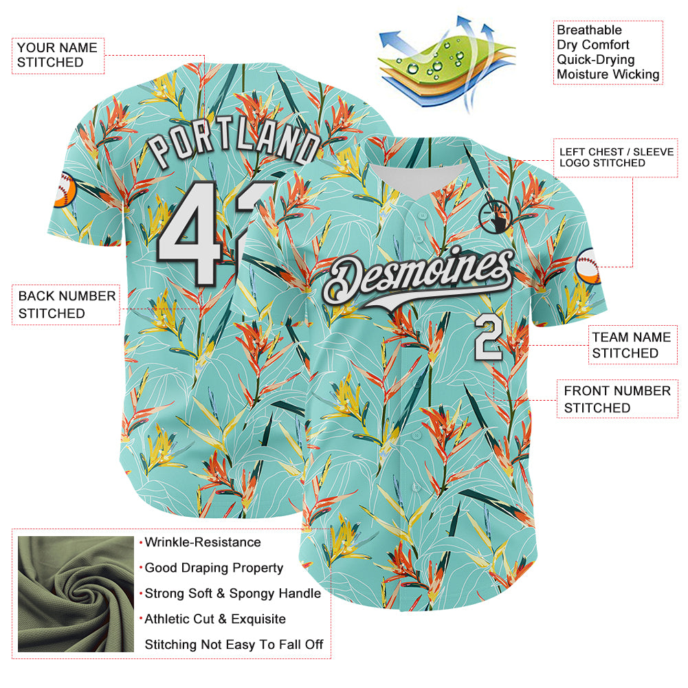 Custom Ice Blue White-Black 3D Hawaii Tropical Leaves Authentic Baseball Jersey