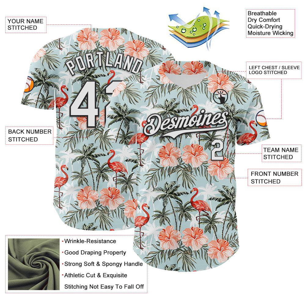 Custom Shadow Blue White-Black 3D Hawaii Tropical Palm Tree Flamingo Authentic Baseball Jersey