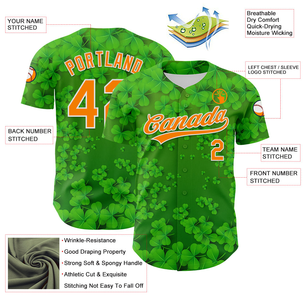 Custom Green Bay Orange-White 3D St. Patrick's Day Shamrock Authentic Baseball Jersey