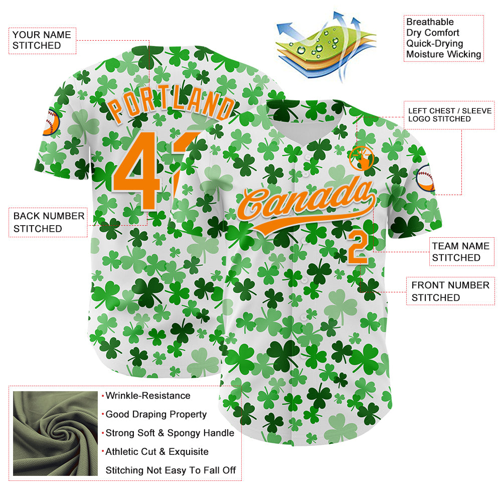 Custom White Bay Orange-Green 3D St. Patrick's Day Shamrock Authentic Baseball Jersey