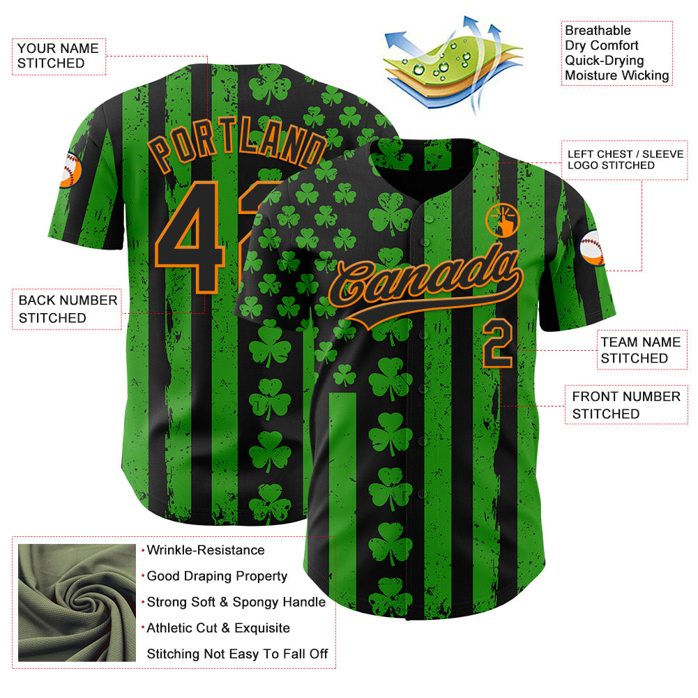 Custom Green Black-Bay Orange 3D St. Patrick's Day Shamrock Authentic Baseball Jersey