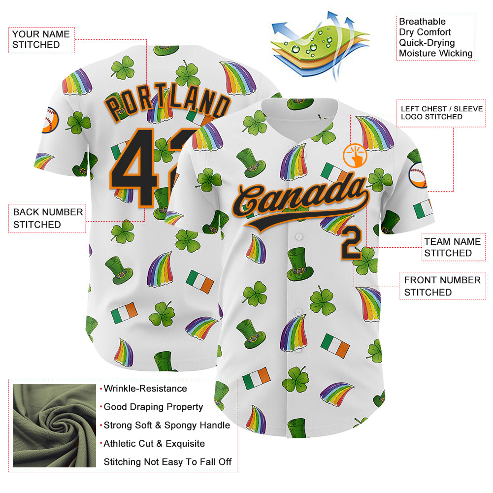 Custom White Black Bay Orange-Green 3D St. Patrick's Day Shamrock Authentic Baseball Jersey