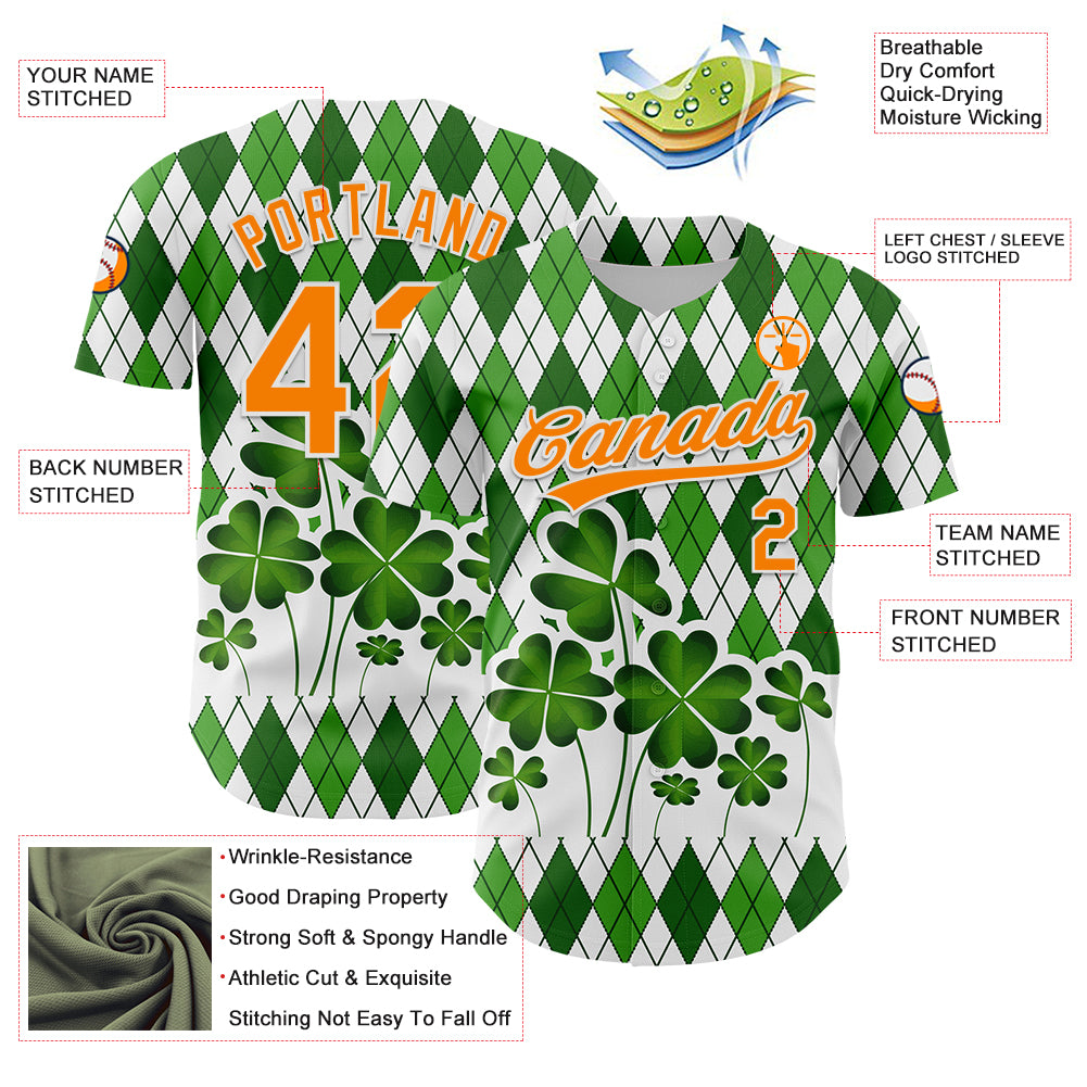 Custom White Bay Orange-Green 3D St. Patrick's Day Shamrock Authentic Baseball Jersey