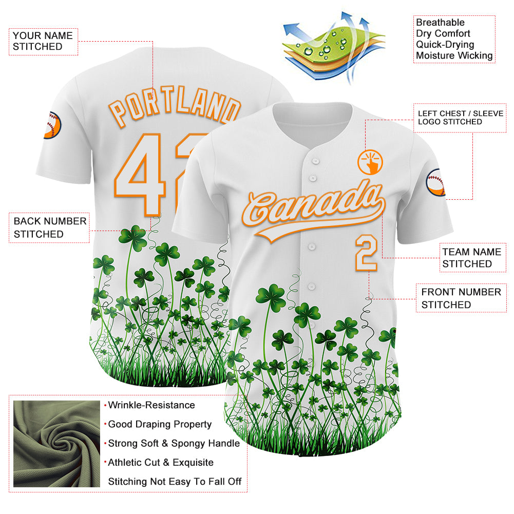 Custom White Bay Orange-Green 3D St. Patrick's Day Shamrock Authentic Baseball Jersey