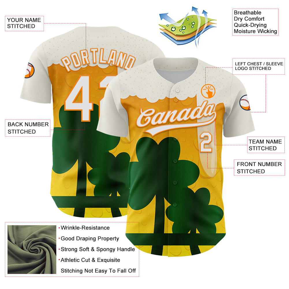 Custom White Bay Orange-Green 3D St. Patrick's Day Shamrock Beer Authentic Baseball Jersey