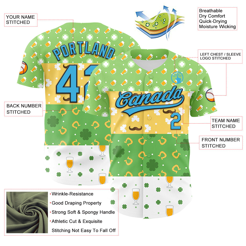 Custom Green Sky Blue Light Yellow-Black 3D St. Patrick's Day Shamrock Beer Authentic Baseball Jersey