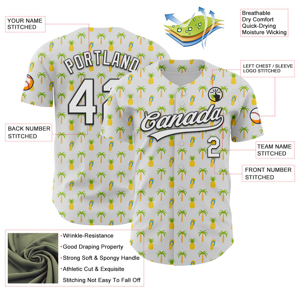 Custom White Black 3D Hawaii Tropical Palm Tree And Fruit Pineapple Authentic Baseball Jersey