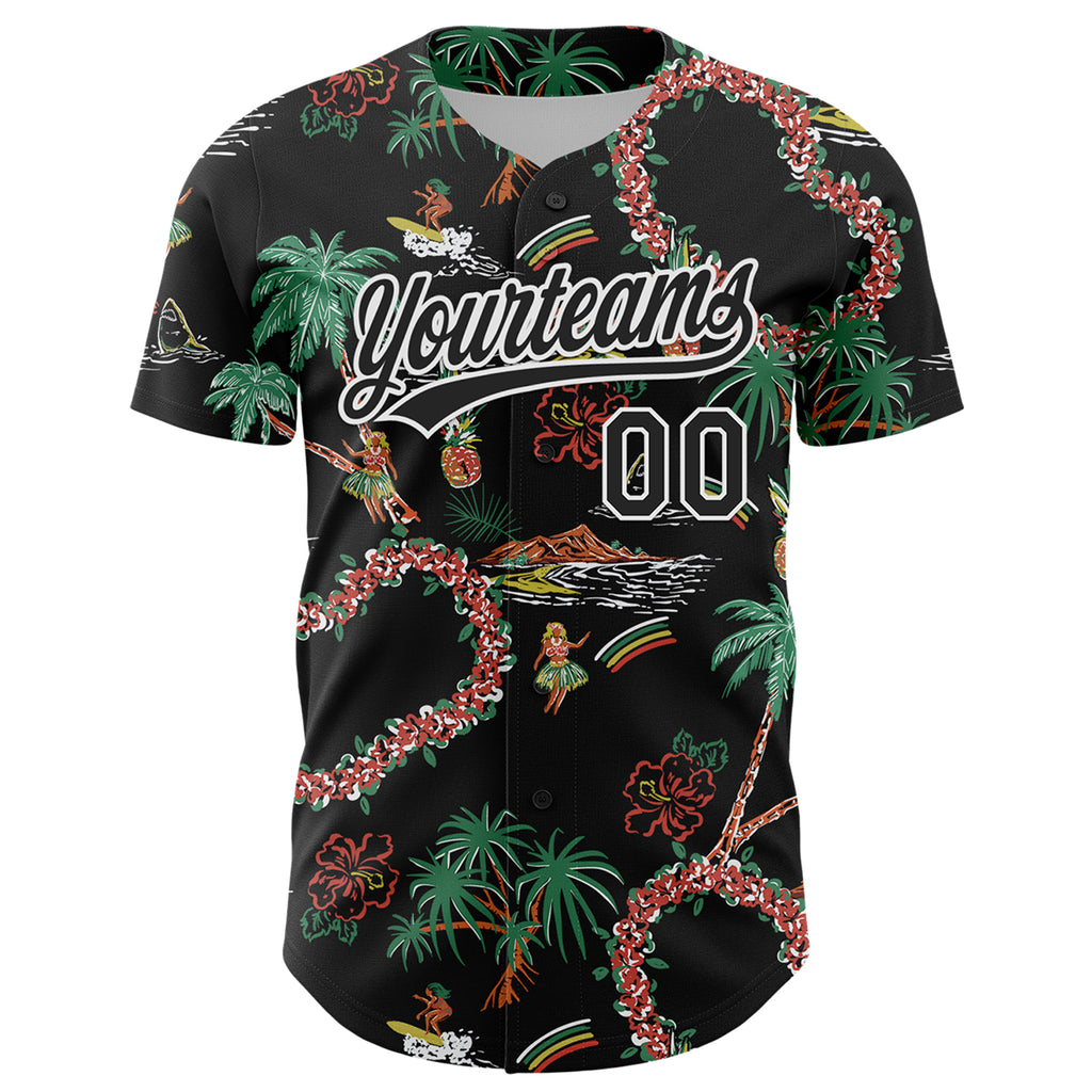 Custom Black White 3D Hawai Island Tropical Palm Tree And Flower Authentic Baseball Jersey