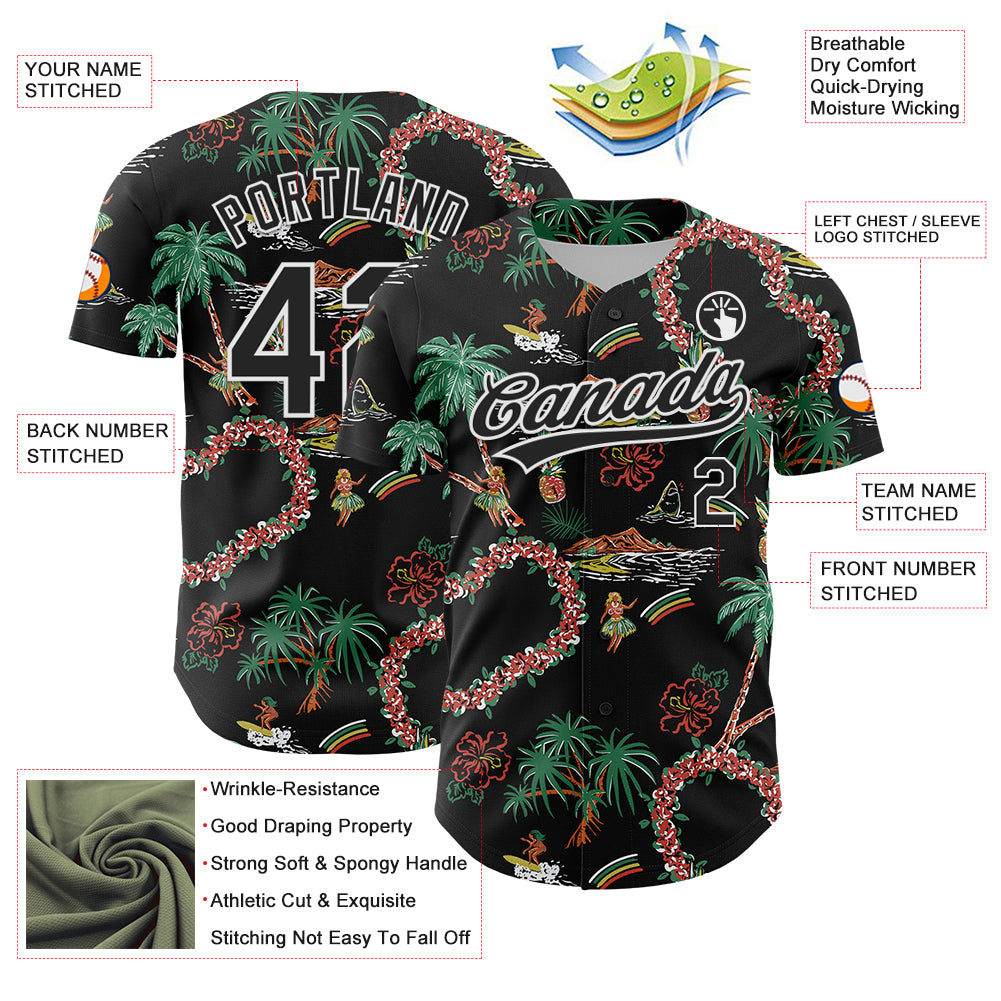 Custom Black White 3D Hawai Island Tropical Palm Tree And Flower Authentic Baseball Jersey