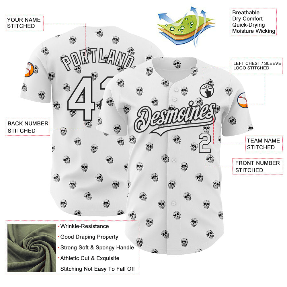 Custom White Black 3D Skull Authentic Baseball Jersey
