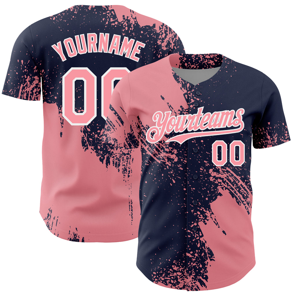 Custom Medium Pink Navy-White 3D Pattern Design Abstract Brush Stroke Authentic Baseball Jersey