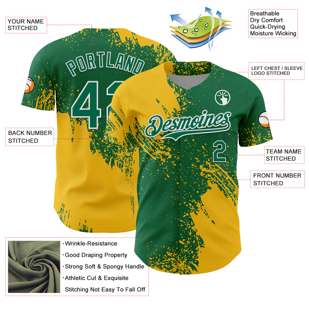 Custom Yellow Kelly Green-White 3D Pattern Design Abstract Brush Stroke Authentic Baseball Jersey