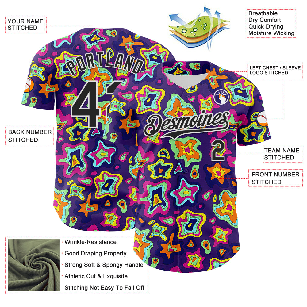 Custom Purple Black-White 3D Pattern Design Rave Psychedelic Fluid Art Authentic Baseball Jersey
