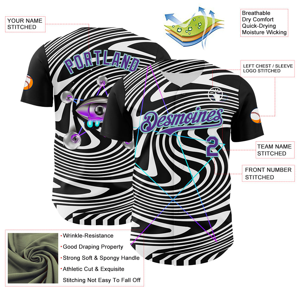 Custom Black Purple-Ice Blue 3D Pattern Design Rave Psychedelic Fluid Art Authentic Baseball Jersey