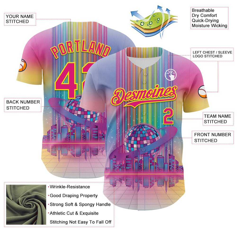 Custom Pink Hot Pink-Light Yellow 3D Pattern Design Rave Psychedelic Neon Music Disco Authentic Baseball Jersey