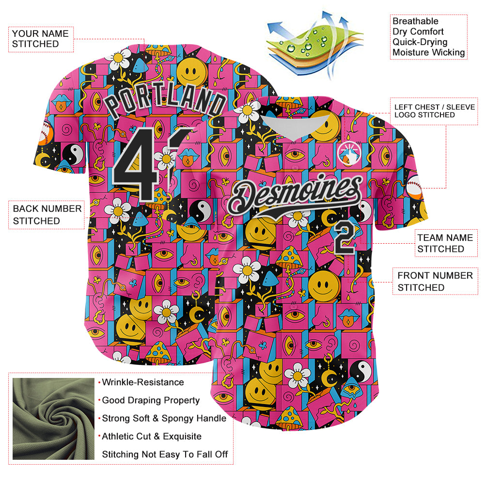 Custom Hot Pink Black-White 3D Pattern Design Rave Psychedelic Geometry Authentic Baseball Jersey