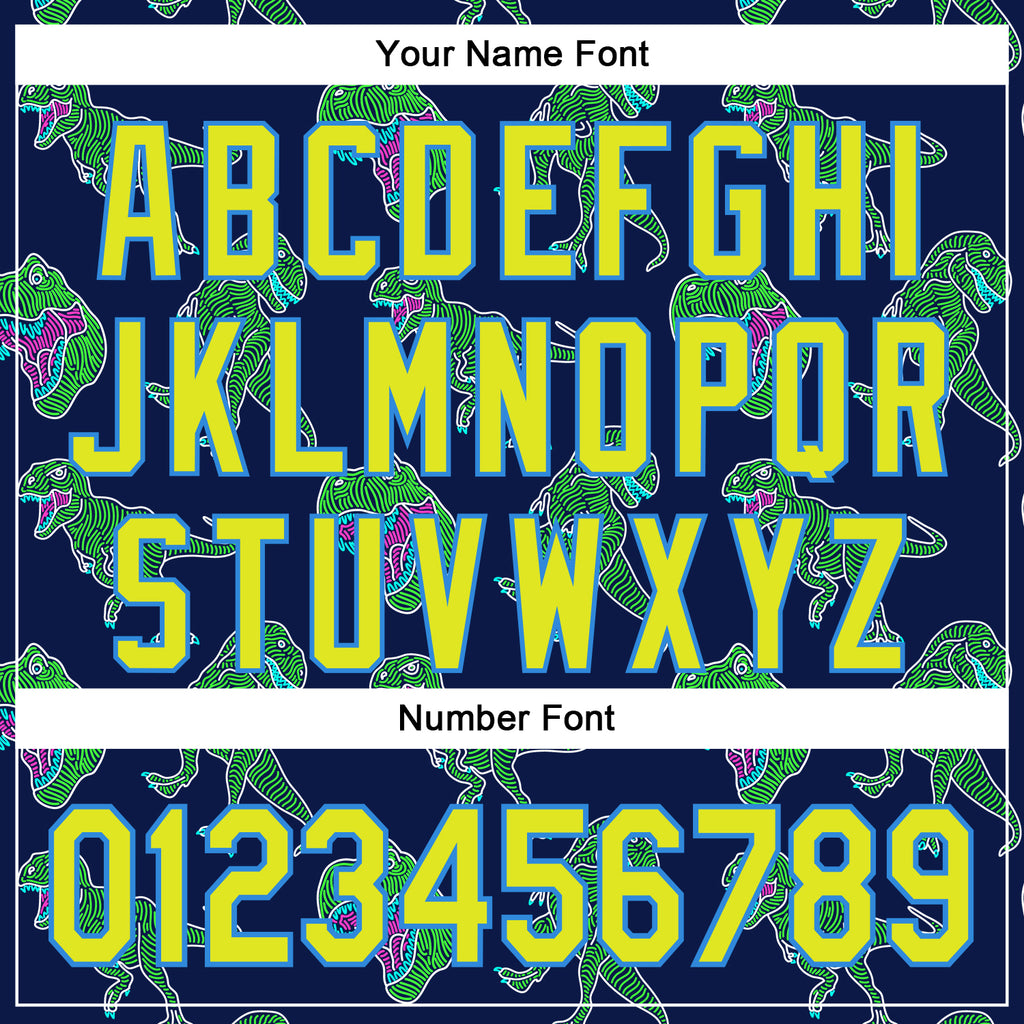 Custom Navy Neon Yellow-Electric Blue 3D Pattern Design Rave Psychedelic Neon Dinosaur Authentic Baseball Jersey