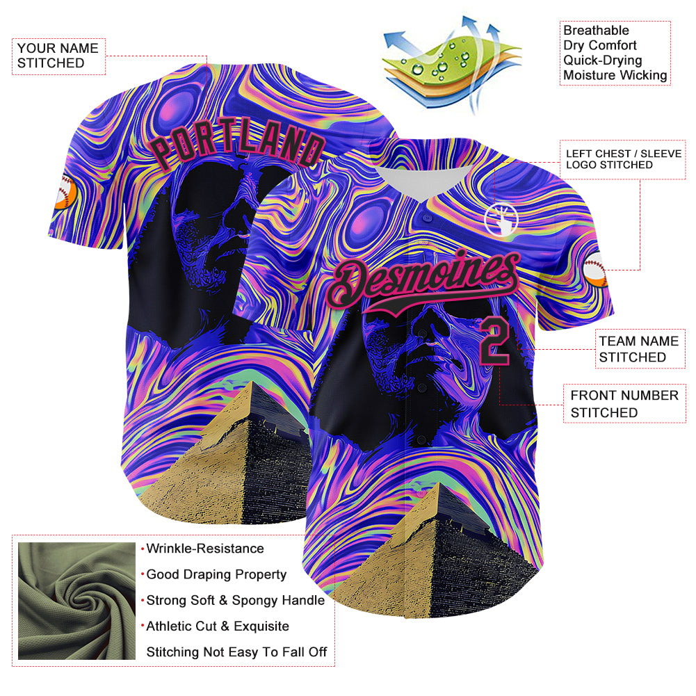 Custom Purple Black-Hot Pink 3D Pattern Design Rave Psychedelic Fluid Art Pyramid Authentic Baseball Jersey