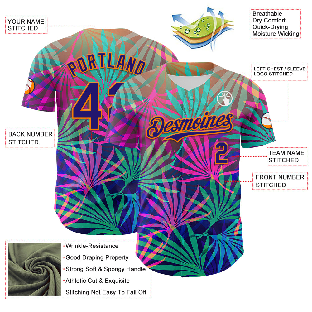 Custom Pink Dark Purple-Bay Orange 3D Pattern Design Rave Psychedelic Tropical Palm Leaves Authentic Baseball Jersey