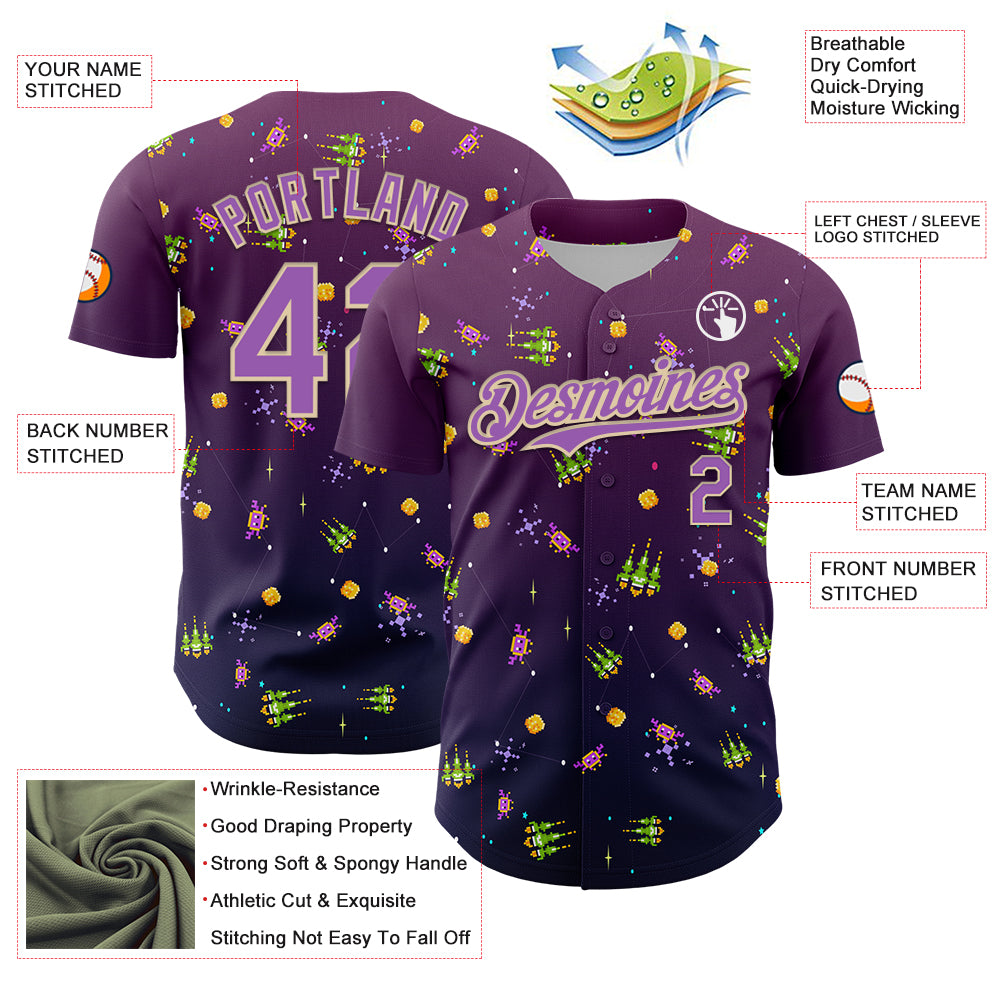 Custom Purple Medium Purple-City Cream 3D Pattern Design Retro Pixel Arcade Game Authentic Baseball Jersey