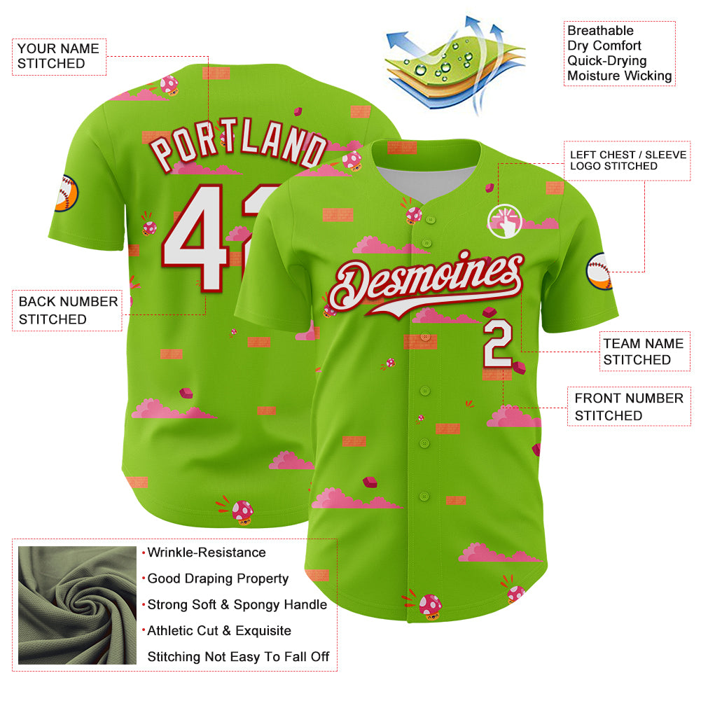 Custom Neon Green White-Red 3D Pattern Design Retro Pixel Arcade Game Authentic Baseball Jersey