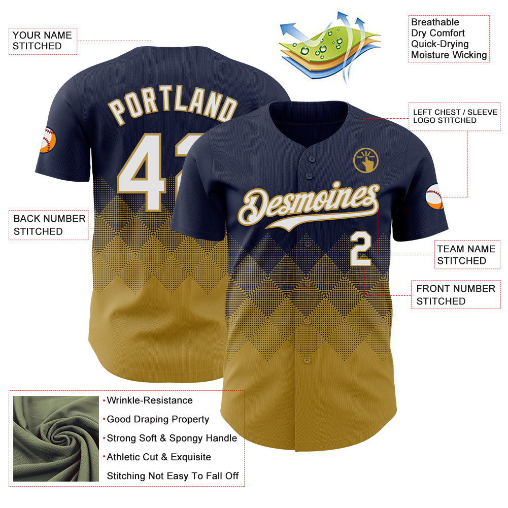 Custom Navy White-Old Gold 3D Gradient Square Shape Authentic Baseball Jersey
