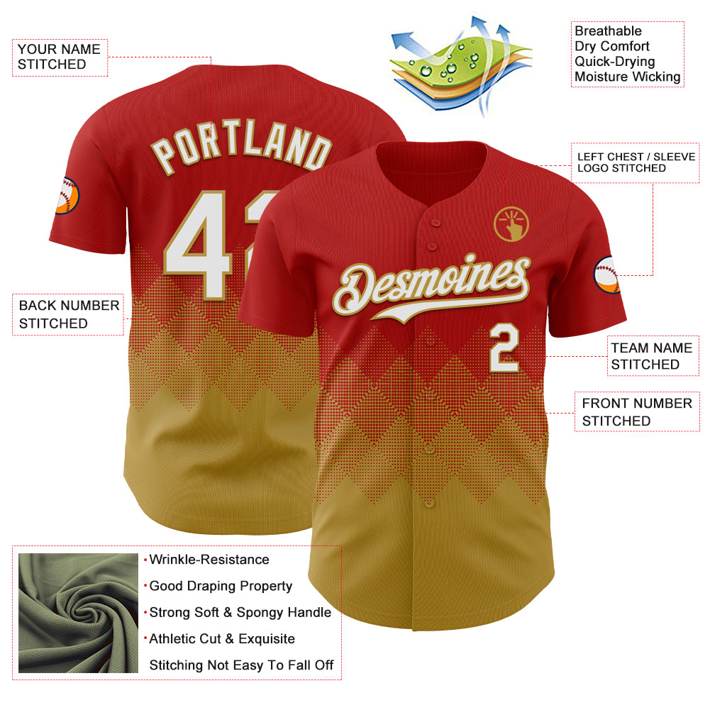 Custom Red White-Old Gold 3D Gradient Square Shape Authentic Baseball Jersey