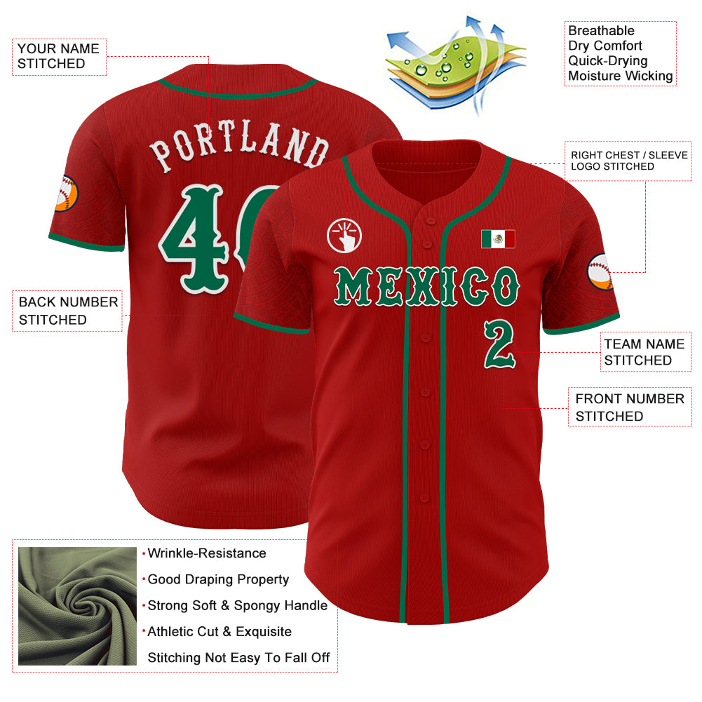 Custom Red Kelly Green-White 3D Mexico Mexican Flag Authentic Baseball Jersey