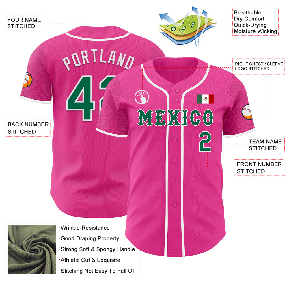 Custom Pink Kelly Green-White 3D Mexico Mexican Flag Authentic Baseball Jersey