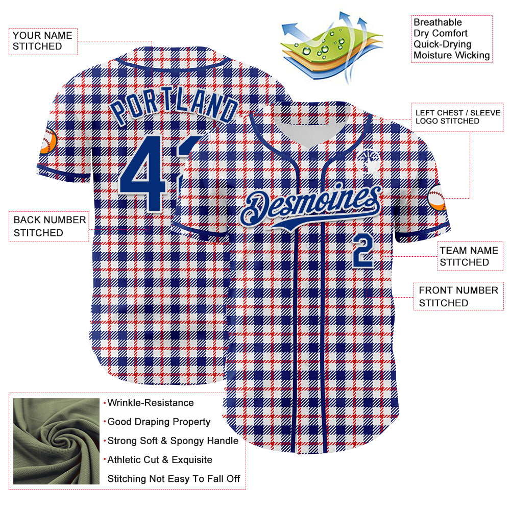 Custom White Royal-Red 3D Pattern Design Patriotic American Symbol Plaid Authentic Baseball Jersey