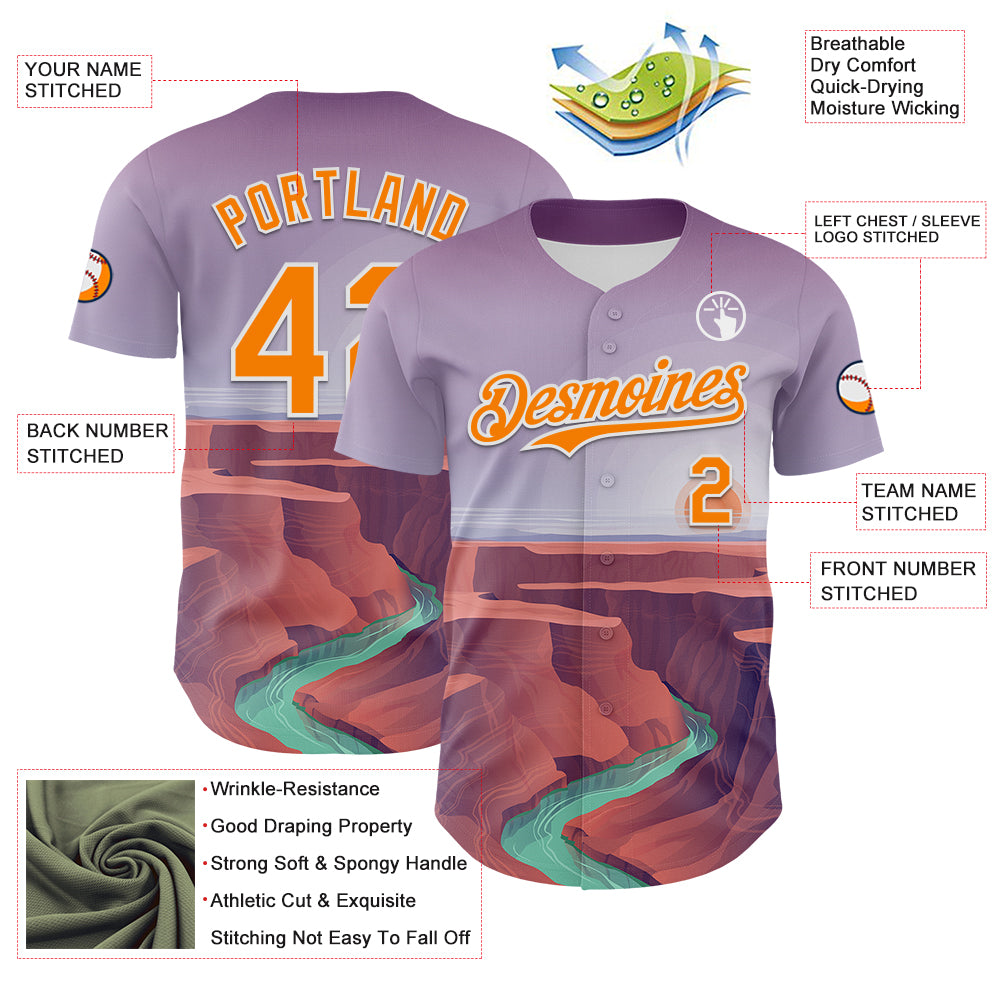 Custom Purple Bay Orange-White 3D Pattern Design Patriotic American Symbol Grand Canyon And Colorado River Authentic Baseball Jersey