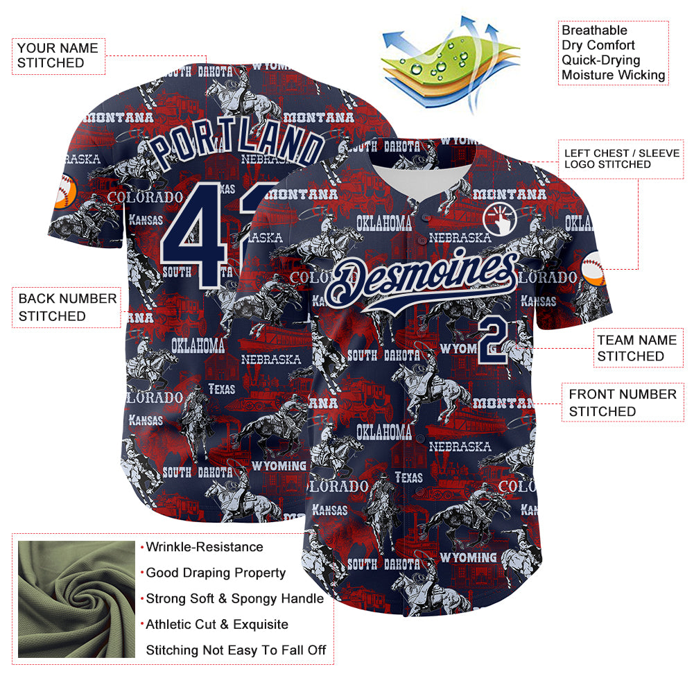 Custom Navy White 3D Pattern Design Patriotic American Spirit Rodeo Cowboy Authentic Baseball Jersey