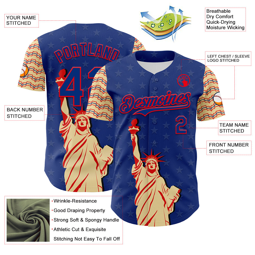 Custom Royal Fire Red-Cream 3D Pattern Design Patriotic American Symbol Statue of Liberty Authentic Baseball Jersey