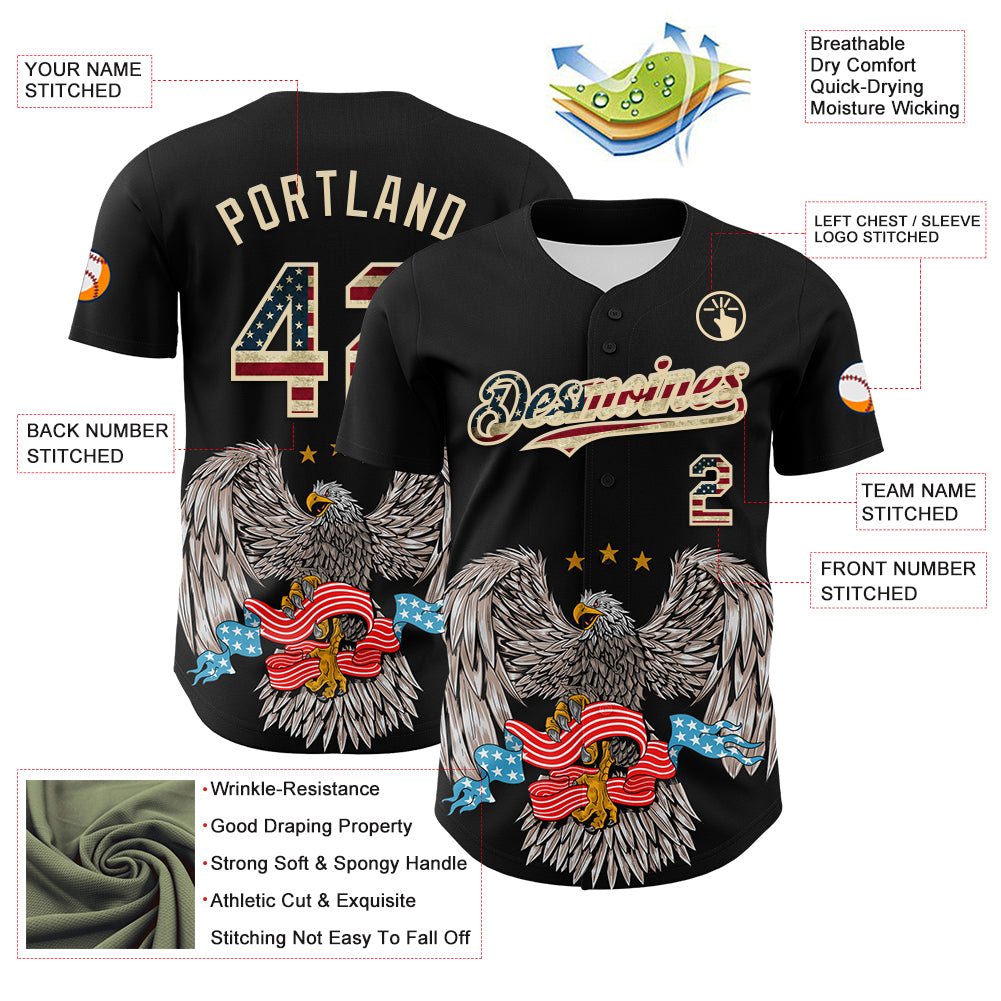 Custom Black Vintage USA Flag-Cream 3D Patriotic American Symbol Eagle Authentic Baseball Jersey