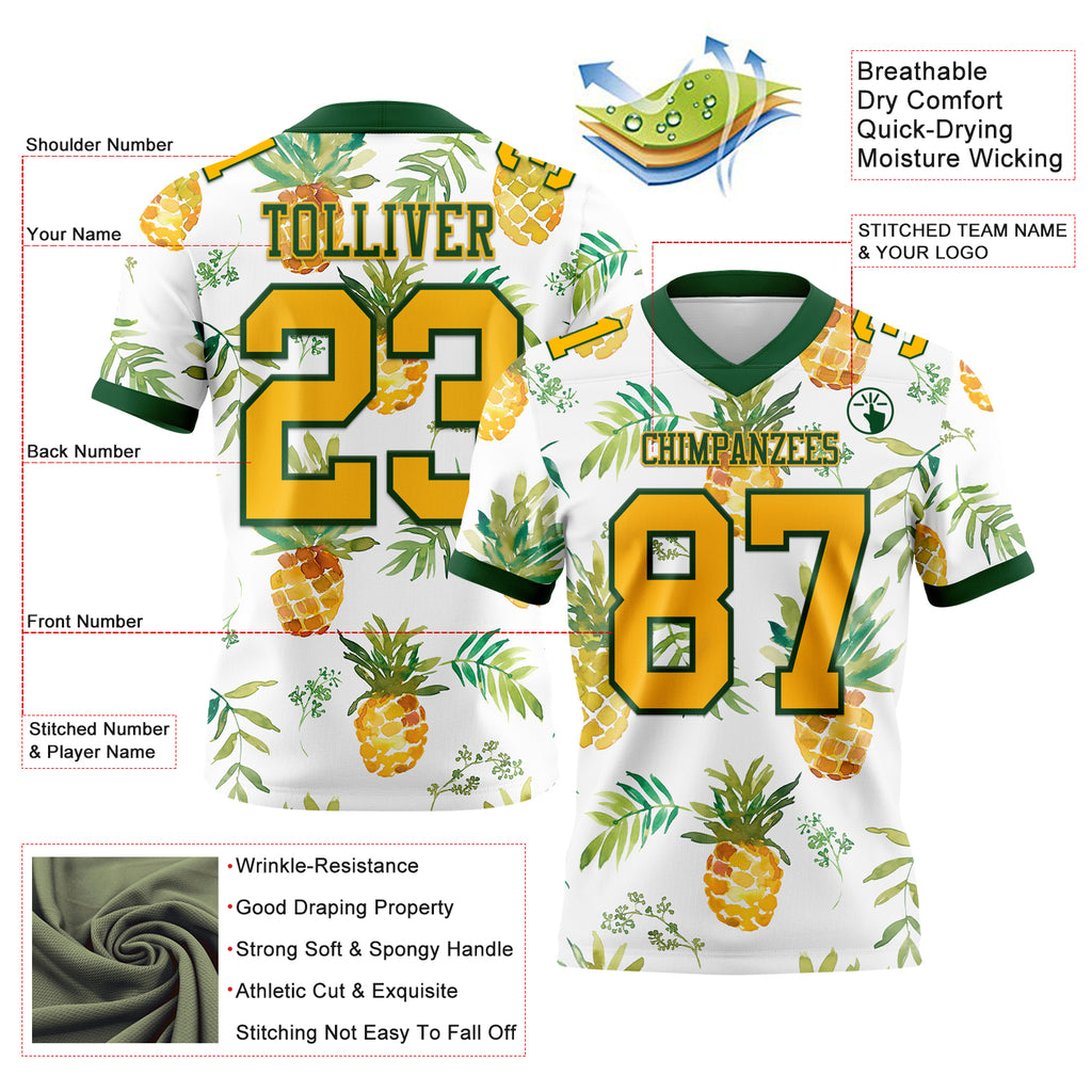 Custom White Gold-Green 3D Pattern Fruit Pineapple Mesh Authentic Football Jersey