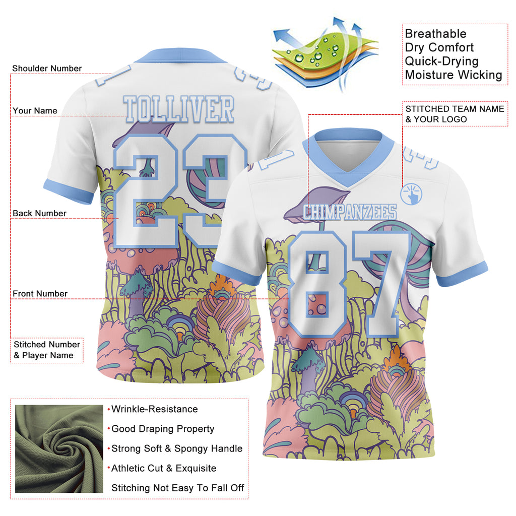 Custom White Light Blue 3D Pattern Colorful Flowers And Mushrooms Psychedelic Hallucination Mesh Authentic Football Jersey