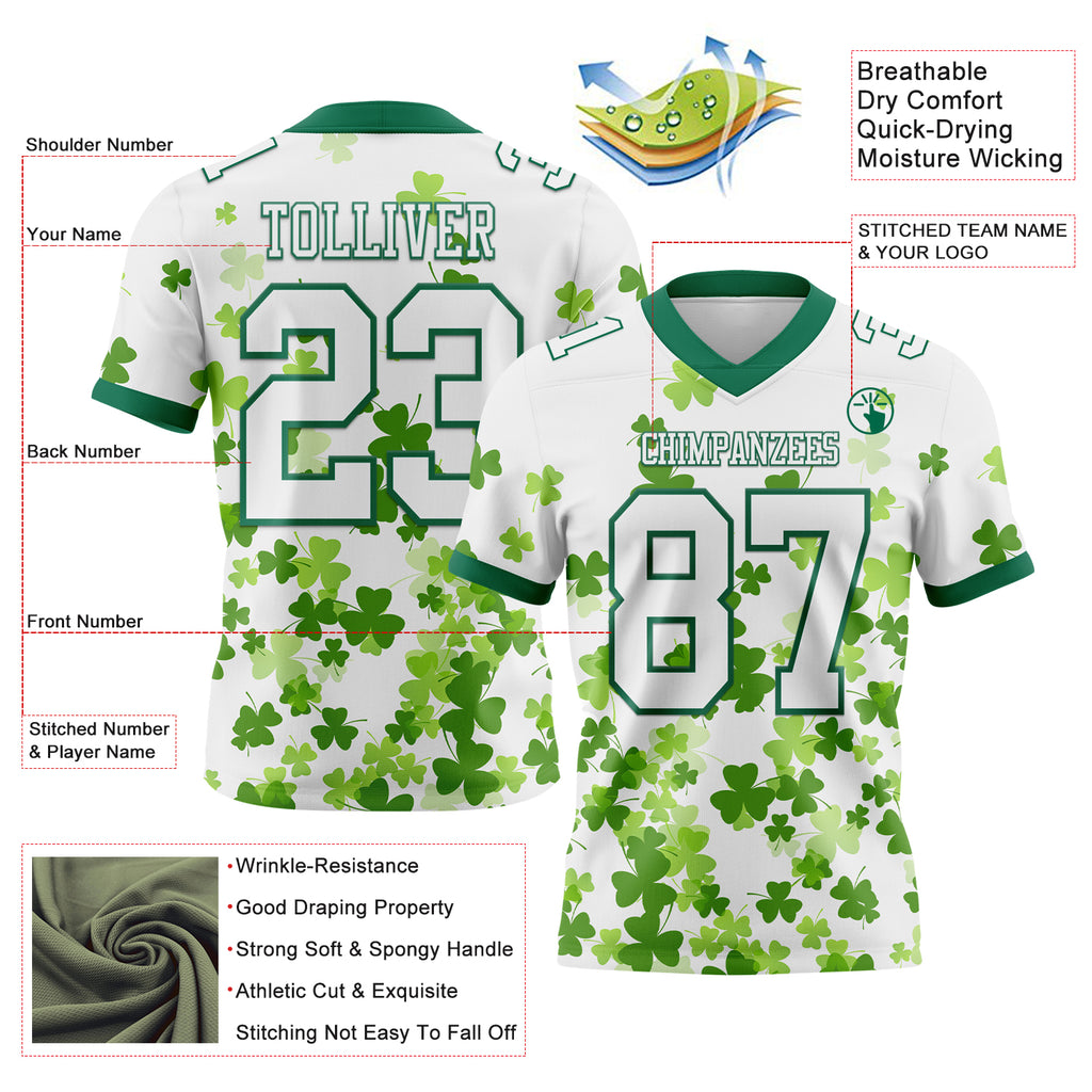 Custom White Kelly Green 3D Pattern St. Patrick's Day Mesh Authentic Football Jersey