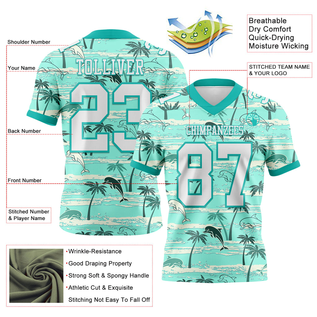 Custom Aqua White 3D Pattern Hawaii Palm Trees Mesh Authentic Football Jersey