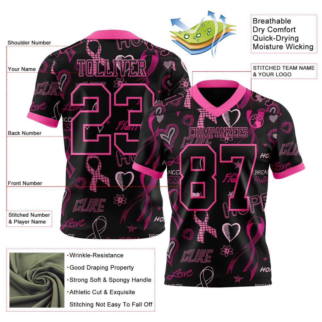 Custom Black Pink 3D Pattern Pink Ribbon Breast Cancer Awareness Month Women Health Care Support Mesh Authentic Football Jersey
