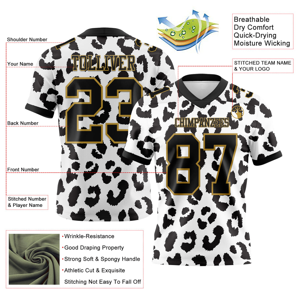 Custom White Black-Old Gold 3D Pattern Leopard Print Mesh Authentic Football Jersey