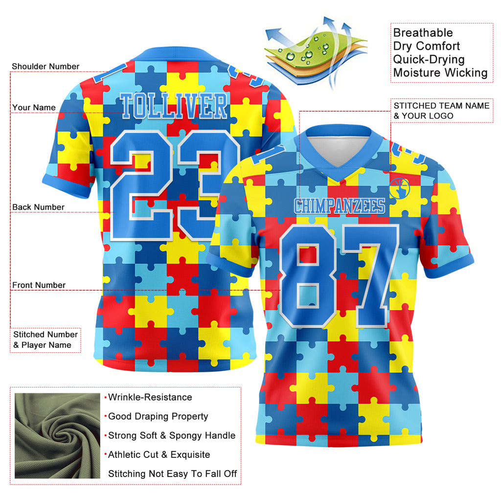 Custom Powder Blue White 3D Pattern Autism Awareness Puzzle Pieces Authentic Football Jersey
