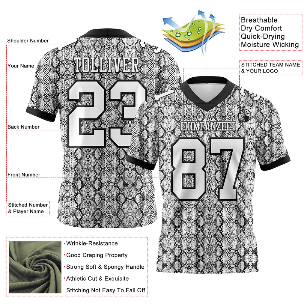 Custom White Black 3D Pattern Snakeskin Print Mesh Authentic Football Jersey
