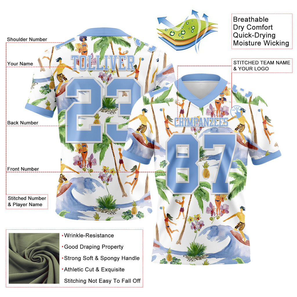 Custom White Light Blue 3D Pattern Beach Hawaii Palm Trees Mesh Authentic Football Jersey