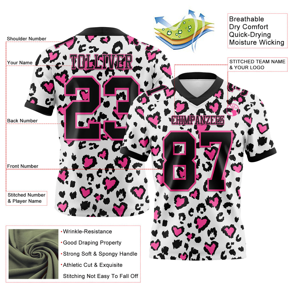 Custom White Black-Pink 3D Pattern Leopard Print Mesh Authentic Football Jersey