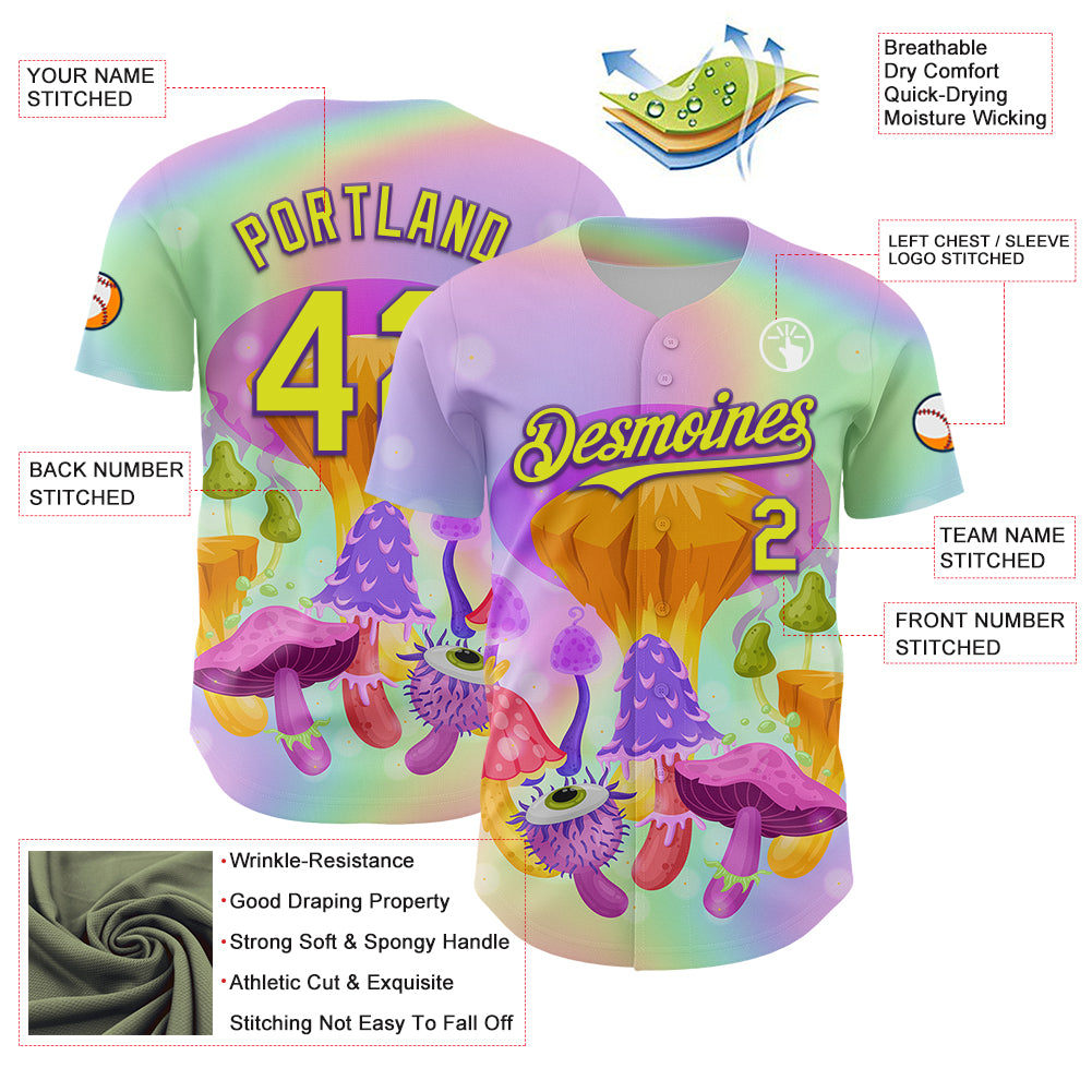 Custom Purple Neon Yellow 3D Pattern Design Trippy Psychedelic Magic Mushrooms Authentic Baseball Jersey