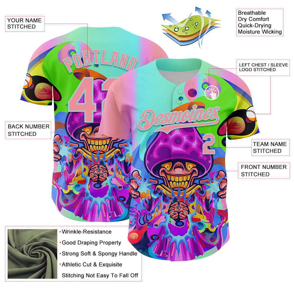 Custom Purple Medium Pink-Ice Blue 3D Pattern Design Trippy Magic Mushrooms Acid Authentic Baseball Jersey