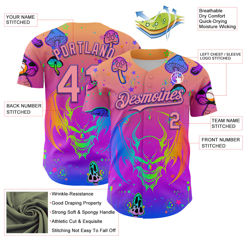Custom Pink Medium Pink-Purple 3D Pattern Design Trippy Magic Mushrooms Dragon Authentic Baseball Jersey