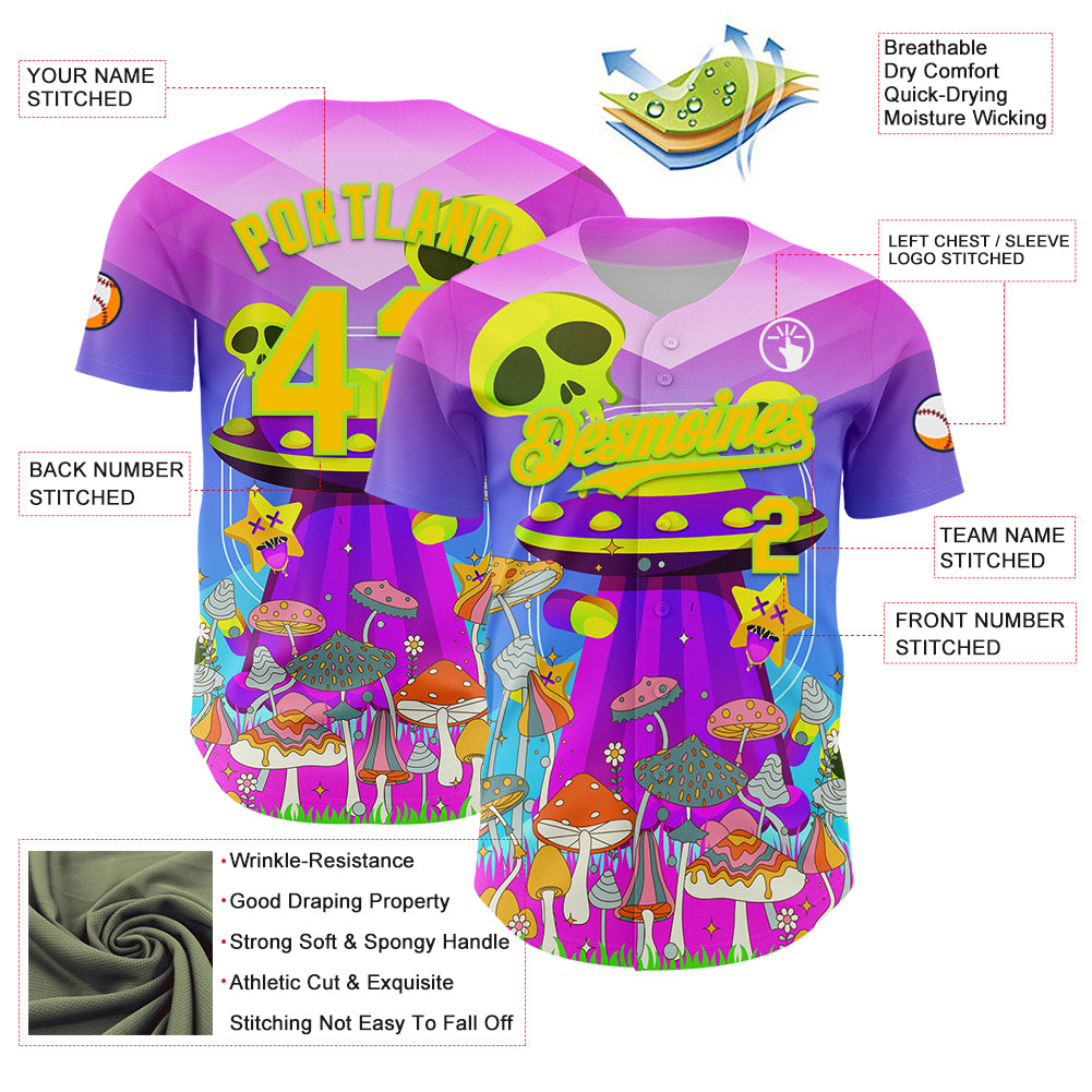 Custom Purple Yellow-Neon Green 3D Pattern Design Trippy Magic Mushrooms Alien Authentic Baseball Jersey
