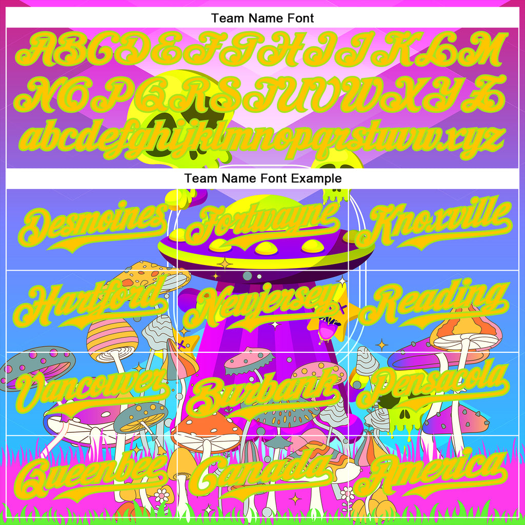 Custom Purple Yellow-Neon Green 3D Pattern Design Trippy Magic Mushrooms Alien Authentic Baseball Jersey