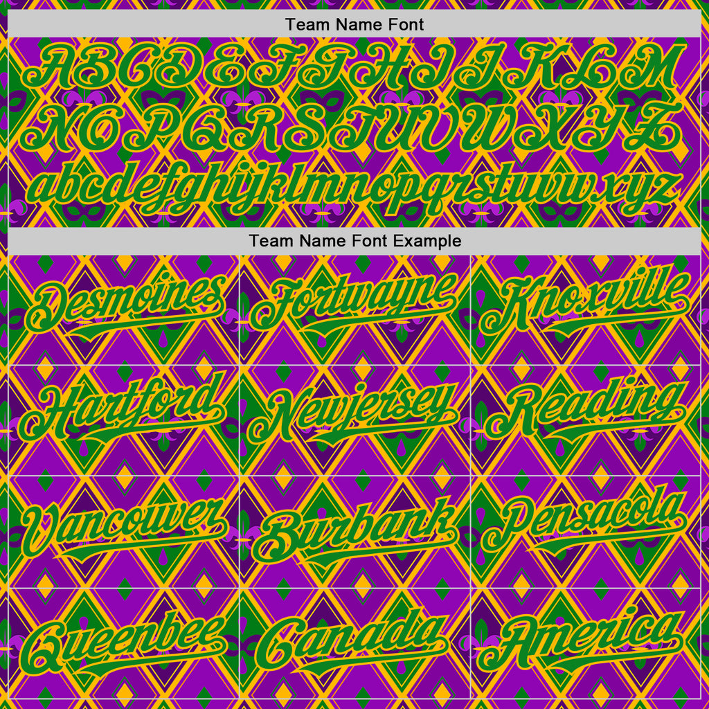 Custom Purple Grass Green-Gold 3D Pattern Design Mardi Gras Shrove Tuesday Authentic Baseball Jersey
